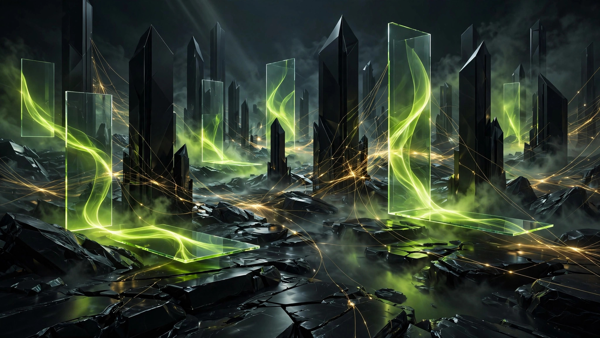 Abstract 3D artwork of glowing green data streams flowing between dark glass monoliths
